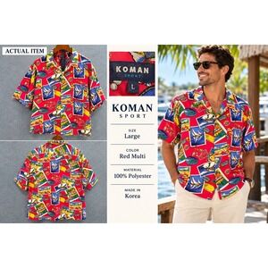 Koman Sport Postcard Shirt‎ Mens Short Sleeve Red Multi Large Excellent Vintage